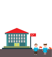Cartoon Illustration of Two Children in Front of a School with Turkish Flag