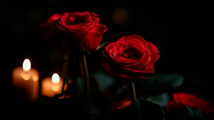 Red Roses and Candlelight on Dark Background, Valentine's Theme