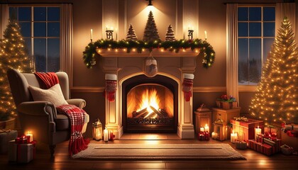 Fototapeta premium A cozy fireplace adorned with stockings, softly flickering candlelight, and colorful holiday lights casting a warm glow, creating a festive and inviting atmosphere for the season.