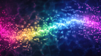 Obraz premium A vibrant abstract background featuring a dynamic wave of colorful particles, creating a mesmerizing blend of purple, blue, green, yellow, and red hues.