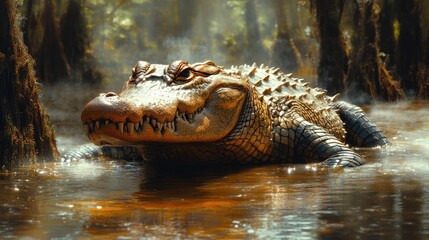 Fototapeta premium A Large Alligator Lurking in a Swampy Riverbed