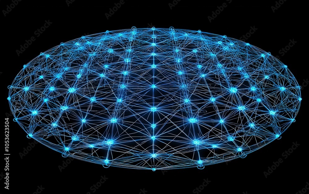 Poster 3d network structure illuminated in blue against a dark background showcasing connections and nodes 
