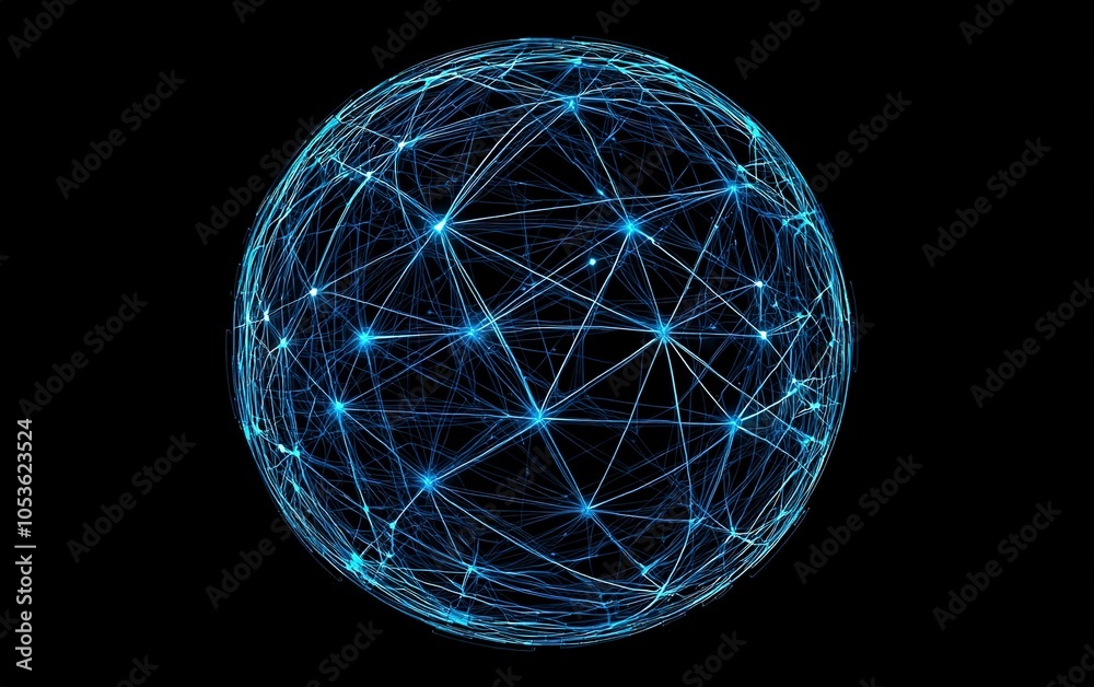 Poster a digital representation of a global network connecting nodes in a spherical shape, showcasing the i