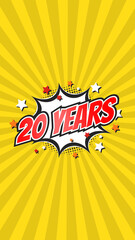 Celebratory animation for 20th twentieth anniversary - 20 twenty years birthday. Flat text on pop colorful background with rays.