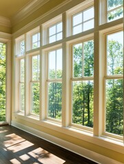 Fototapeta premium Bright room with large windows showcasing a lush green landscape outside.