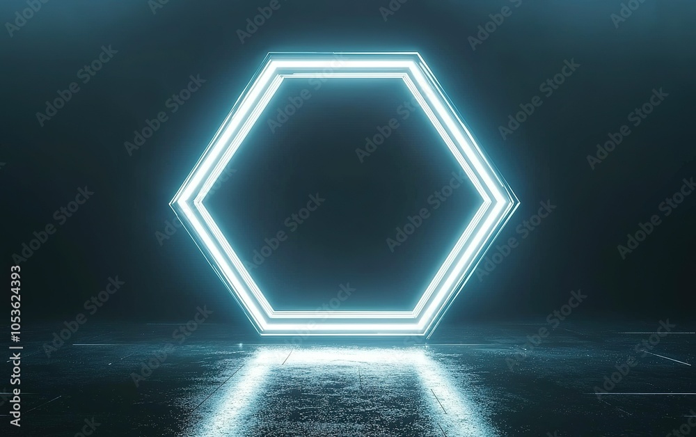 Poster illuminated hexagon shape glowing in a dark setting with reflections on the floor, creating a modern