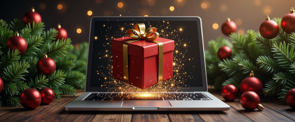 A laptop screen shows a red box with a gold ribbon on it. The box is surrounded by Christmas decorations, including red balls. The image conveys a festive and joyful mood