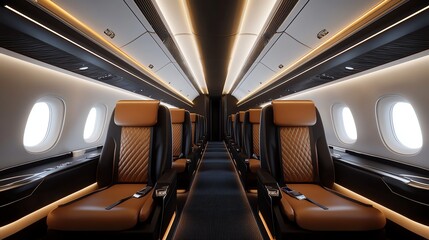 Obraz premium Empty airplane cabin seats with brown leather seats and wood paneling.