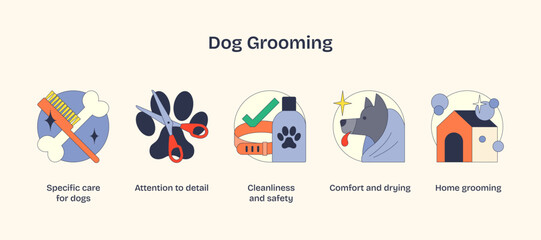 Dog grooming essentials depicted with comb, scissors, and shampoo in a bold, graphic style. Neubrutalism style
