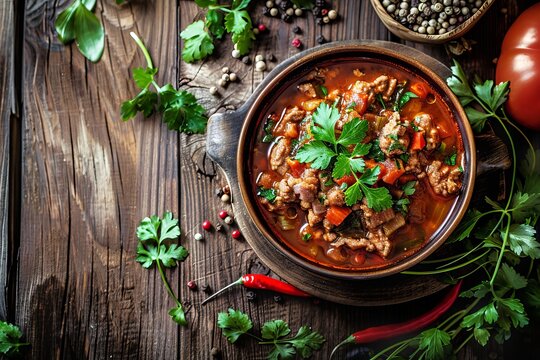 A close-up of a bowl of lobio with a rich, hearty texture, set on a wooden table.Georgian cuisine meal.Ajapsandali.Ajapsandal vegetables stew.Georgian national dish.