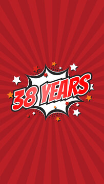 Celebratory animation for 38th thirty-eighth anniversary - 38 thirty-eight years birthday. Flat text on pop colorful background with rays.