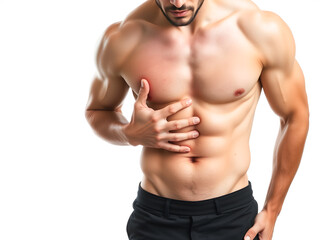 Obraz premium Shirtless man holding his chest and suffering from pain over white background