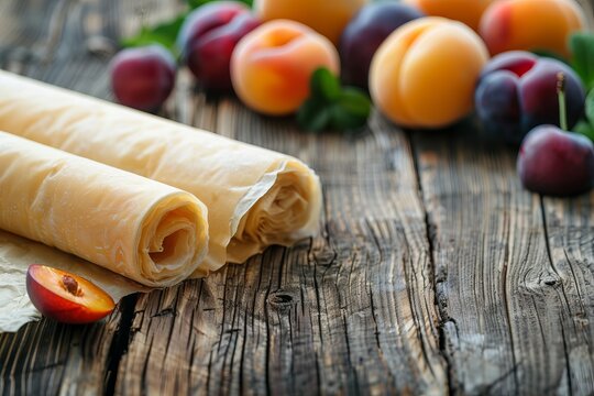 A close-up of a sheet of tklapi rolled out on a rustic wooden table, with fresh fruits scattered around.Tklapi.Georgian fruit leather.Dried mashed pulp.Fruit leather rolls.