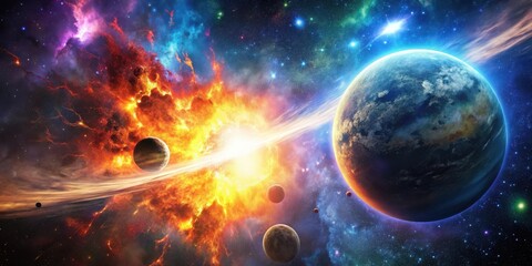 Fototapeta premium Explosive planetary collision creates vibrant colorful spectacle in starry night sky