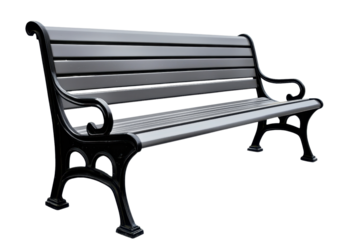 Elegant black metal bench with decorative armrests, ideal for outdoor seating in parks, gardens, and urban streetscapes.