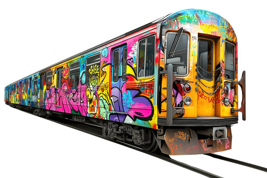Vibrantly painted train in urban setting, covered in colorful graffiti art. Captures street culture and creative expression on transportation.