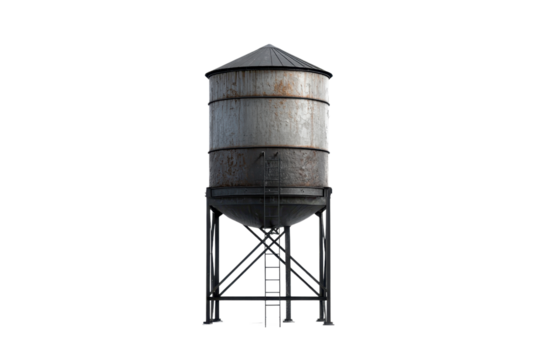 Rustic metal silo isolated on a transparent background, showcasing industrial and agricultural storage design in a vintage style.