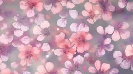 Fototapeta premium A dreamy collection of delicate pink and purple flowers softly blending into a pastel background, creating a serene and romantic atmosphere.