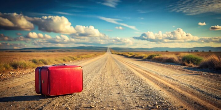 Forgotten red suitcase left on a deserted dusty road in the middle of nowhere