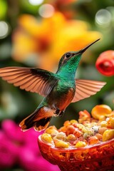 Fototapeta premium A hummingbird sips nectar from a colorful bowl of food, perfect for wildlife or nature scenes