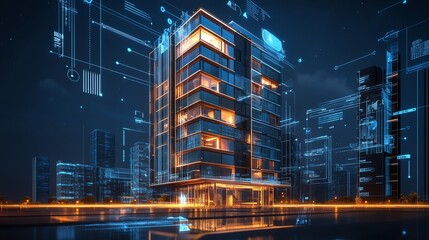 Luxury building technology, smart room features, clean infographic layout, sleek modern design