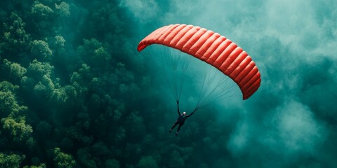 A paraglider soars through the air, the bright red canopy a stark contrast against the blue sky and green forest below.