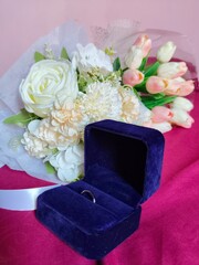 Pink Tulip Bouquet and Engagement Ring