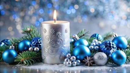 Elegant Christmas silver candle with blue accents for holiday home decor