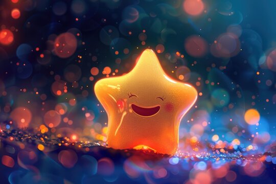 A bright yellow star with a smiling face, often used as a symbol of positivity and warmth