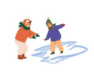 Children boy and girl staying on ice block in river. Kids walking on breaking ice in frozen water. Child playing on danger thin cracked ice. Cartoon kids stepping on thin ice vector flat illustration.