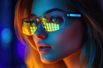 A woman wearing glasses that emit a soft glow