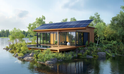 Obraz premium 3D rendering of an eco-friendly house on the shore, with solar panels and greenery around it. The exterior is made from wood planks, while inside there's sleek furniture and modern decor