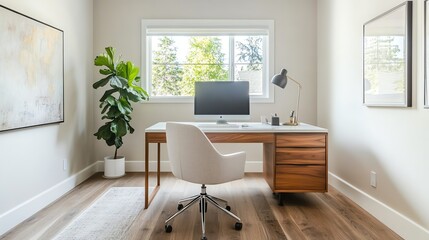 A minimalist home office with a large desk, a chair, shelves, and a window overlooking a backyard.