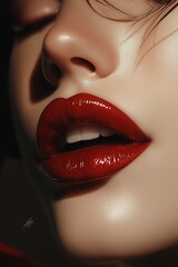 Fototapeta premium Close-up of expertly applied red lipstick highlighting beautiful lips against a dark background, showcasing elegance and glamour