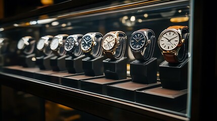 An upscale watch collection presented in a glass case, with ambient lighting creating a luxurious atmosphere that highlights the beauty of each wristwatch