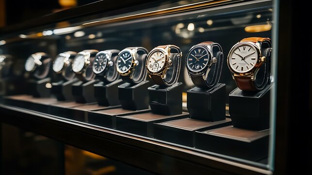 An upscale watch collection presented in a glass case, with ambient lighting creating a luxurious atmosphere that highlights the beauty of each wristwatch