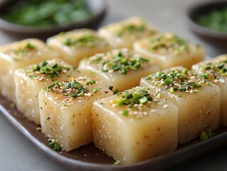 Delicious pistachio garnished turkish delight cubes with fresh herbs on a serving plate