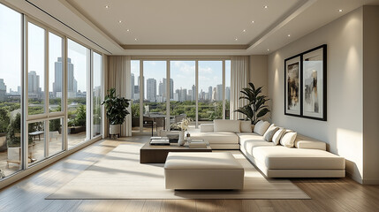 Fototapeta premium Modern living room with city skyline view