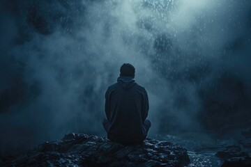 Obraz premium A person sitting on a rock in front of a waterfall, great for travel or nature scenes