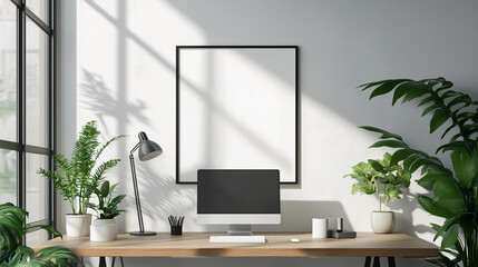 Fototapeta premium Bright Office Workspace With Greenery Blank Frame And Desktop Computer