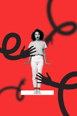 Vertical photo collage of shocked american girl stand hands domestic violence bullying pressure...