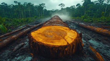 Fototapeta premium A Cut Tree Trunk in a Deforested Rainforest