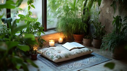 A relaxing meditation space with a comfortable cushion, aromatic candles, and a journal for reflection, surrounded by plants that enhance the tranquil ambiance