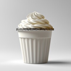 Delicious vanilla cupcake with swirled frosting in elegant white paper liner