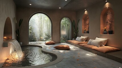 A stylish meditation nook with decorative pillows, a tranquil water feature, and calming colors that enhance the sense of peace and relaxation