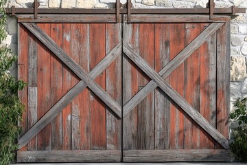 A pair of rustic wooden doors set into a stone wall, with vines and foliage growing around them