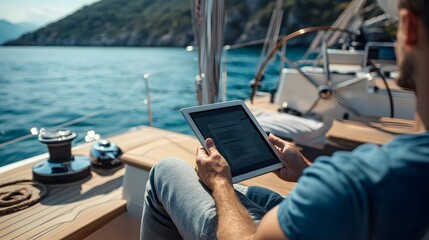 Man working on yacht office with laptop. Traveling on sailboat. Traveler using tablet computer. Freelancer workplace in self isolation, social distance. Successful business lifestyle. 