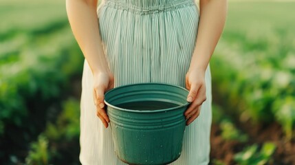 Woman collecting rainwater in a green barrel for sustainable use in her garden surrounded by lush vegetation and deep field in a rural eco friendly setting