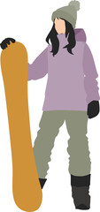 冬の雪山でスノボーする女性のイラスト