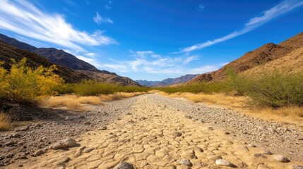 Arid desert landscape with a dry riverbed emphasizing the importance of water conservation and the resilience of the natural environment